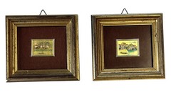 2 MCM Italy Miniature 23kt Oro Folgio Gold Leaf Framed Prints Boat Cityscape Art