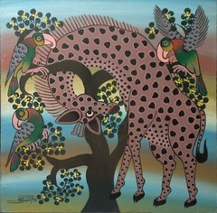 OJAJAMONDE’s GIRAFFE WITH THREE HORNBILLS CLASSIC TINGATINGA on board 2’x2′