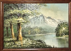 Peaceful Mountain Landscape Painting Framed No Glass 8 3/4″ by 6 3/4″ By Antonio
