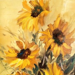 Vintage Still Life Painting of Sunflowers in Banded Pail Bucket on Board MCM