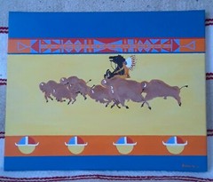 RUNNING THE INIWA (BISON) Painting by Blackfeet Artist Ron Schlenske 20×16
