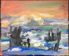 Rough Ocean Shore Line/Pier Ruins Modern W/C Painting-1940s/50s-Armando Sozio