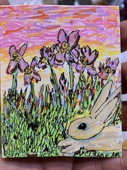 Original Artwork Bunny Flowers Cute Spring Rabbit ACEO Handmade Signed By Artist