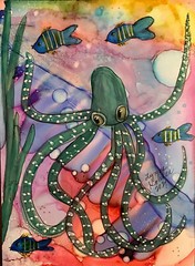 Original painting 5×7″ OCTOPUS fish bubbles sea life shimmery by Lynne Kohler
