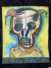 Mexican Folk Art David Mecalco Skull With Restless Birds Still Life Watercolor