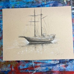 Original Ship Realism Painting Schooner Sailboat Nautical Art Pastel Charcoal