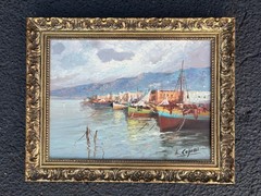 Vintage Original Signed Ivo Capozzi Oil Painting Fishing Boats Harbor Scene