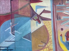 ANTIQUE CIRCUS PAINTING ABSTRACT CUBIST CUBISM MODERNISM MID CENTURY PERFORMERS