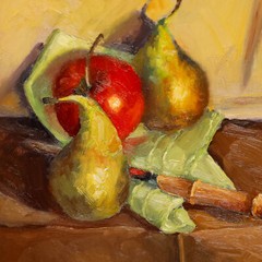 June Bevan (b.1927) – 20th Century Oil, Red Apple and Golden Pears