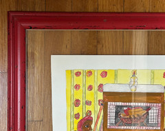 JOAN DANCE KY FOLK ARTIST FRAMED WATERCOLOR THE LAST FIRE STORY ON BACK 20″x 21″