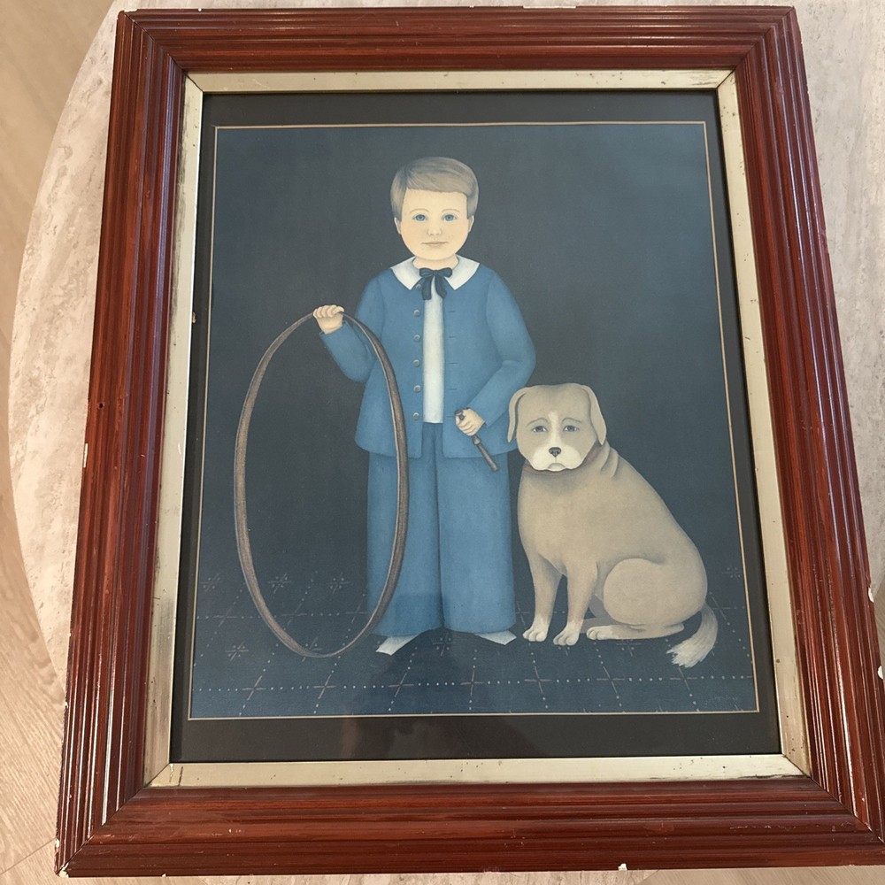 Folk Art Piece Large Boy With Hoop & Dog Period Frame 27 X 23” Signed Sheridan