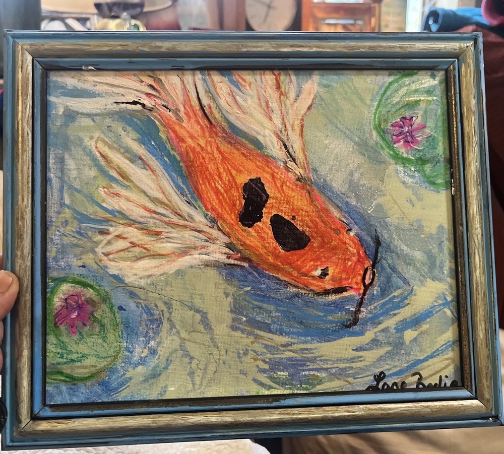 “Koi Joy” This Is a OOAK 8×10 Inch Framed Mixed Media On Canvas Board.