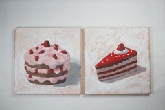 Original Paintings x2 Strawberry Cake Sweets Lovely Interior Design Art 8×8″