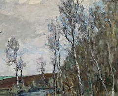 Ernst Kolbe Oil Painting Landscape With Creek Birches Horse Signed Framed