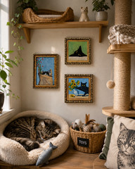 Set of 3 Black Cat Original Oil Paintings Framed Cat Wall Art Cottagecore Decor
