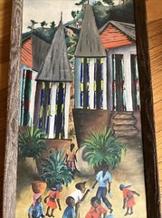 Original Felix Jean Haitian Village Scene Acrylic On Masonite Painting 31″ X 12″