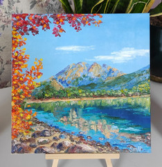 Original Art Seascape Oil Painting Mountain Landscape Lake Vibrant Fall Aspen