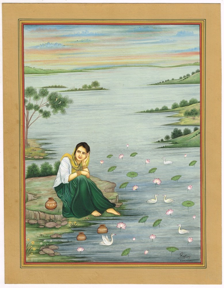 Indian Miniature Painting A Woman Gouache Pigments On Paper 10.5×13.5 Inches