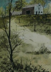 Beautiful Watercolor Landscape with Barns by New Jersey Artist George Lambe
