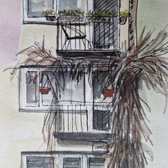 Original Watercolor Urban Sketch A4 – Winter Balconies Drawing