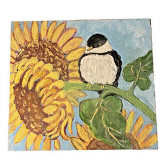 Sunflowers wi Bird Original Painting on Wood Block Handpainted by Artist @8×9 in