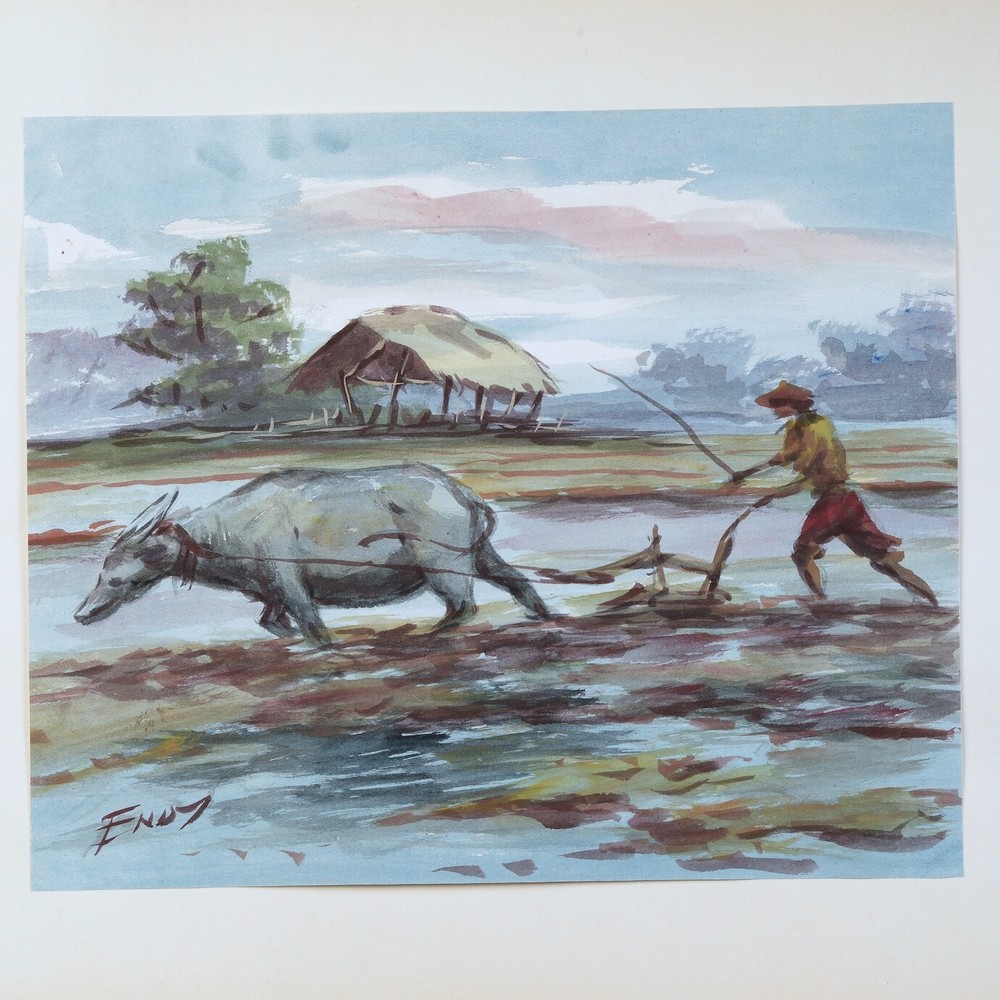 Watercolor Circa 1950 View Indonesia Or Asia Landscape Water Buffalo