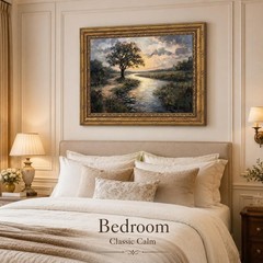 Gold Framed Canvas Wall Art, Serene River Tree Sunset Landscape Painting, Cla…