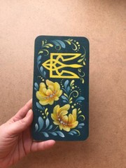 Ukrainian patriotic original acrylic painting yellow blue flowers and trident