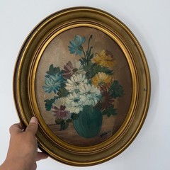 VTG Floral Paintings Edna Lewis Studios Pair Framed Hand Painted Oval Gold Frame