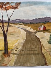 Vintage Watercolor Painting Red Estate Barn Country Road House Field 16″x 13″