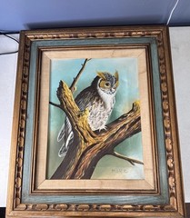 Vintage Original Oil Painting Owl Brown Green Blue Frame 15.5″ x 12″ Signed More