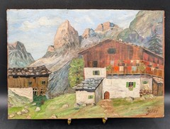 Vintage 1940 Signed Dated Oil Painting Alpine Mountain Scene, Original Art