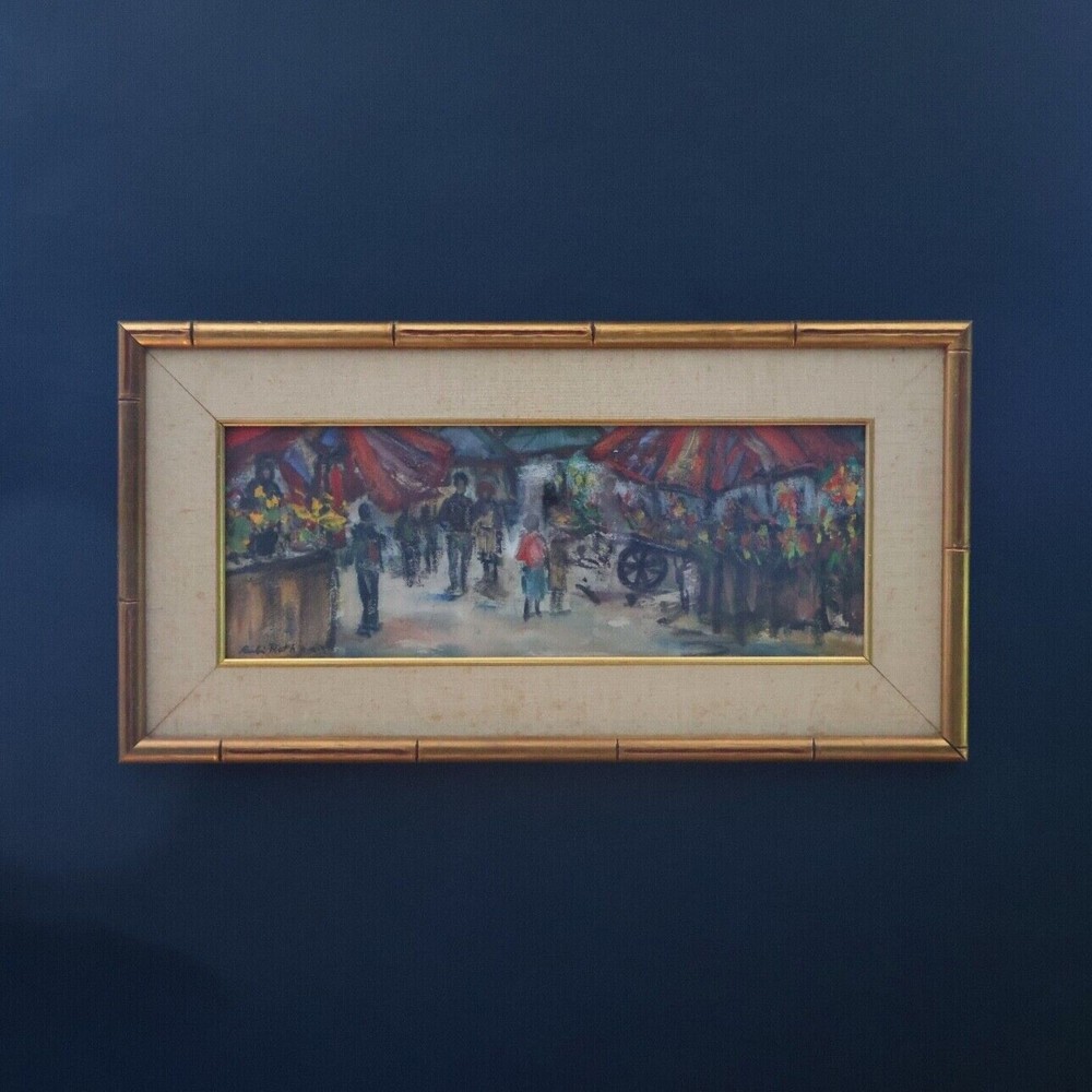 Vintage Rubi Roth framed oil pastel watercolor painting market scene 16.5″x31″