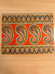 Original Gouache Textile Design Paisley Border Stripe with Leaf Medallion Patter