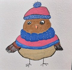 GAT Original Painting ART 4×4 Inch Cottagecore CUTE ANIMALS Owl Bird Winter Cold