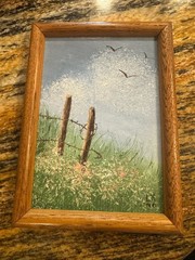 Handpainted Oil 6×8” Framed Meadow Barbed Wire Birds Flowers Signed