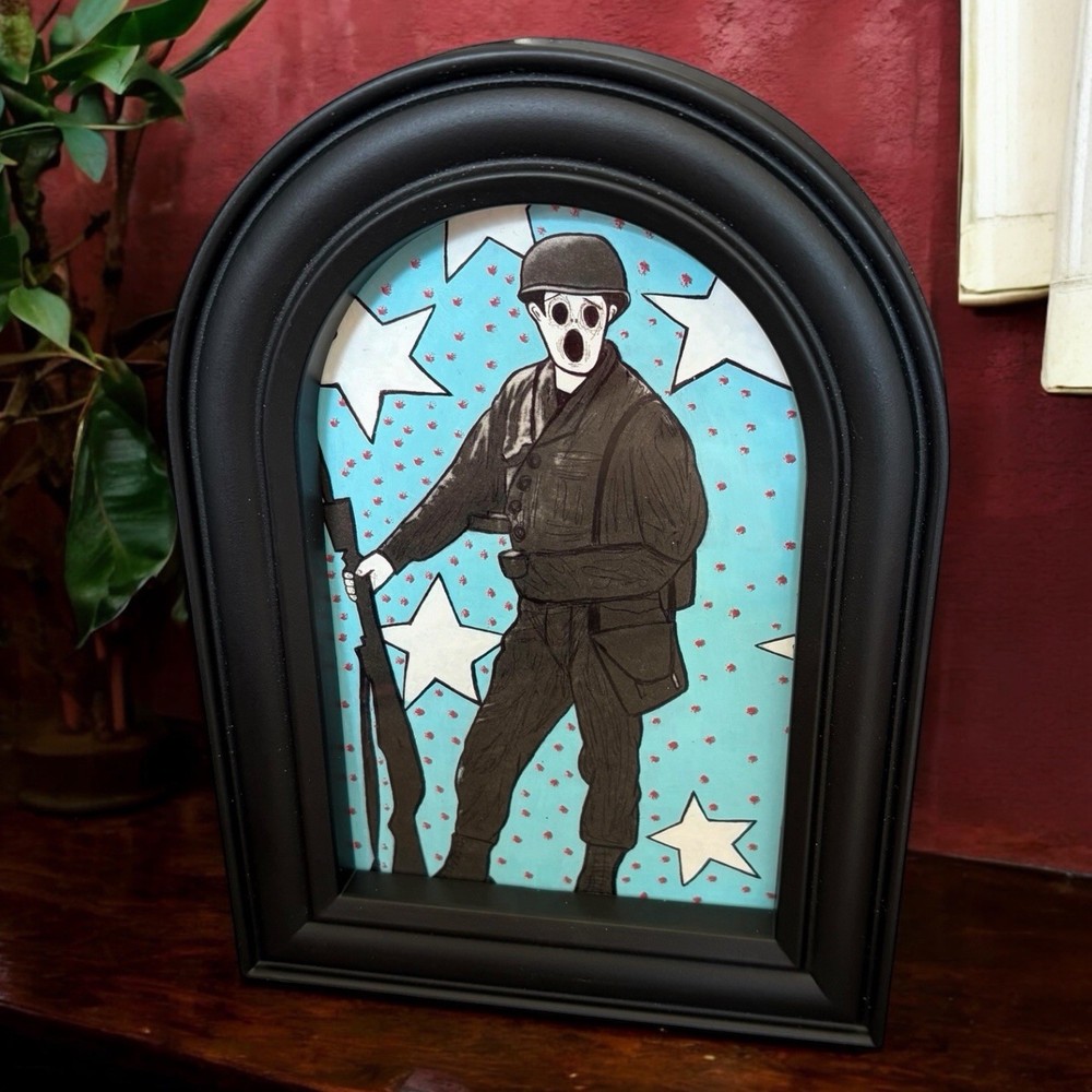 Original Painting Ghost Soilder Ooak Framed Horror Gothic Art Military Haunted