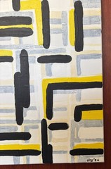 Original Abstract Acrylic Painting Yellow Black Gray Geometric Grid Modern Wall