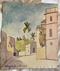 Hildegarde Hamilton 1958 Watercolor Painting of Lisbon, w/flowers & Buildings