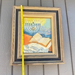Vintage 1969 Signed Oil Painting Judaica Menorah Torah Tallit Framed Art Signed