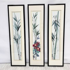 Chinese Brush Painting Kuei Dorman Set Of 3 Mat Framed Flower & Bamboo