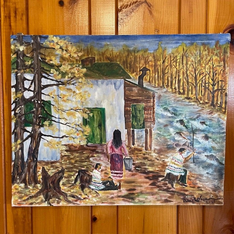 Vintage Original Folk Art Painting River Scene Signed 1987 Canvas