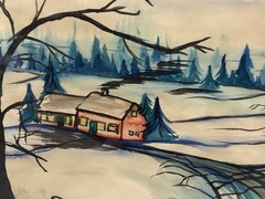 Watercolor Winter Scene, Unknown Artist, Framed 18” X 15”