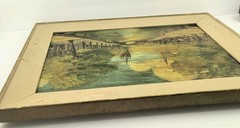 Vintage Oil Painting City Bridge over Dutch Delft Canal Netherlands Signed