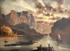 in the manner of Albert Bierstadt landscape painting Hudson River School 1850s