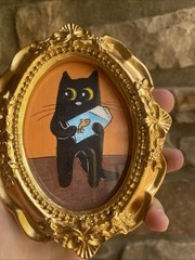 Black Cat And Fish Original Painting,4/5,framed,gold,miniature,small,mini,cute