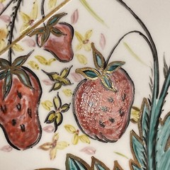 Aida Whedon Mid Century Hand Painted Tile Butterfly Strawberry Field Wood Frame