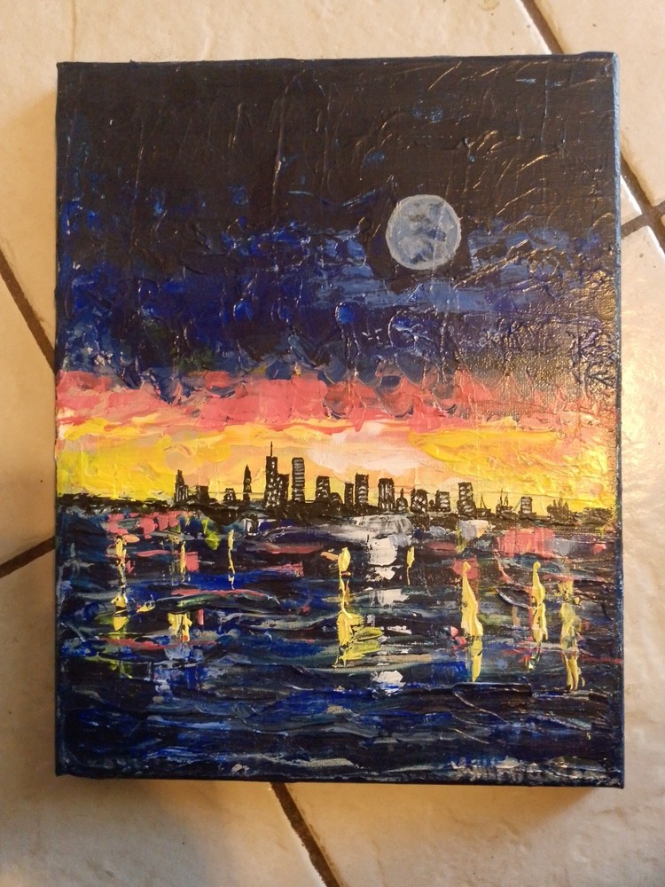 11×14 Acrylic Painting Pallet Knife Cityscape Multi-colored Sunset, Original