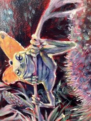 Original Flying Frog Painting floral art flowers ladybug Funny Artwork Amphibian