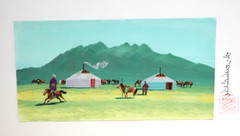MONGOLIAN YURTS HORSE NOMAD CAMP ORIGINAL WATERCOLOR ON PAPER PAINTING SIGNED
